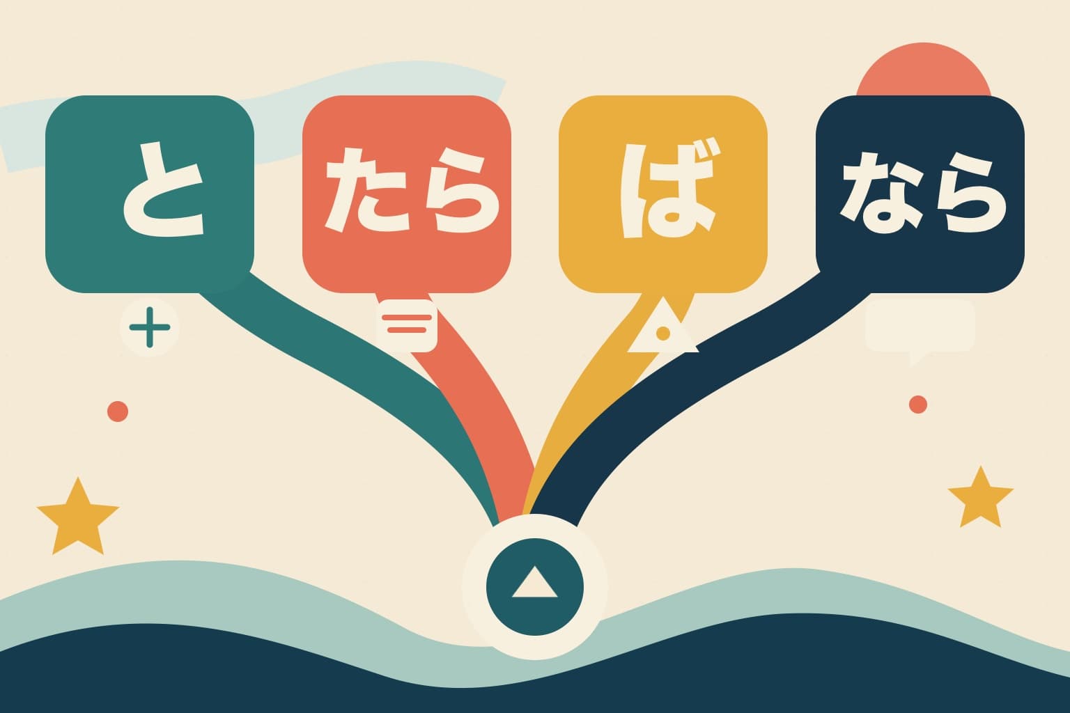 Four colorful paper-cut paths branching toward と, たら, ば, and なら