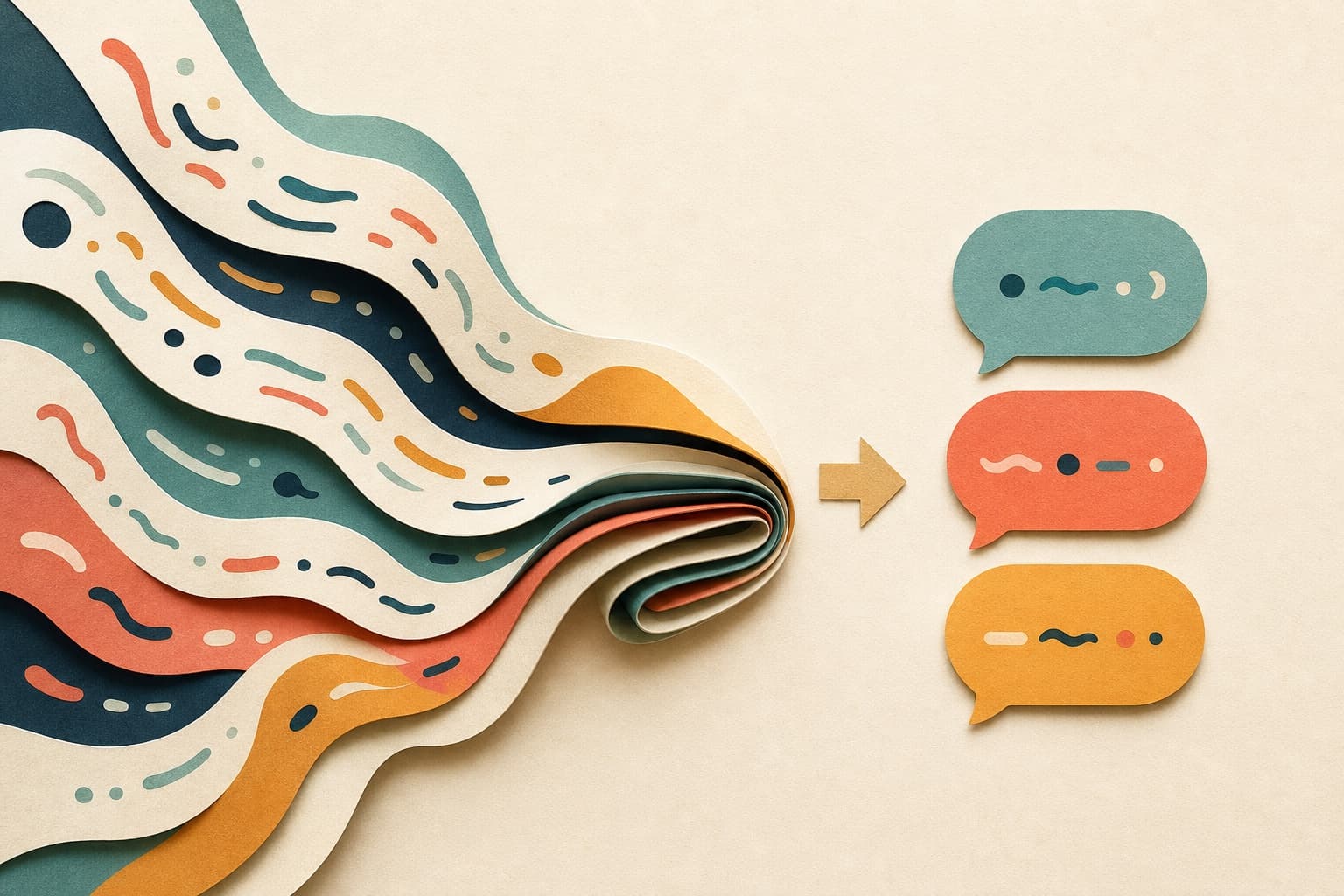 Abstract paper ribbons folding into compact chat bubbles