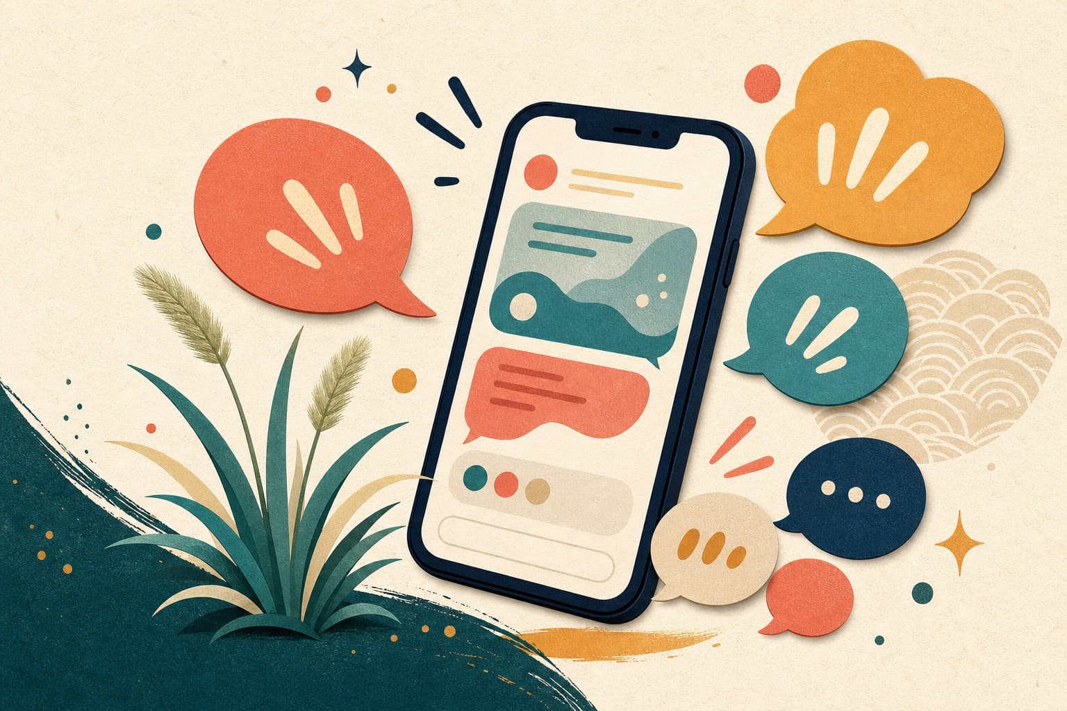 Paper-cut smartphone surrounded by lively social media reactions