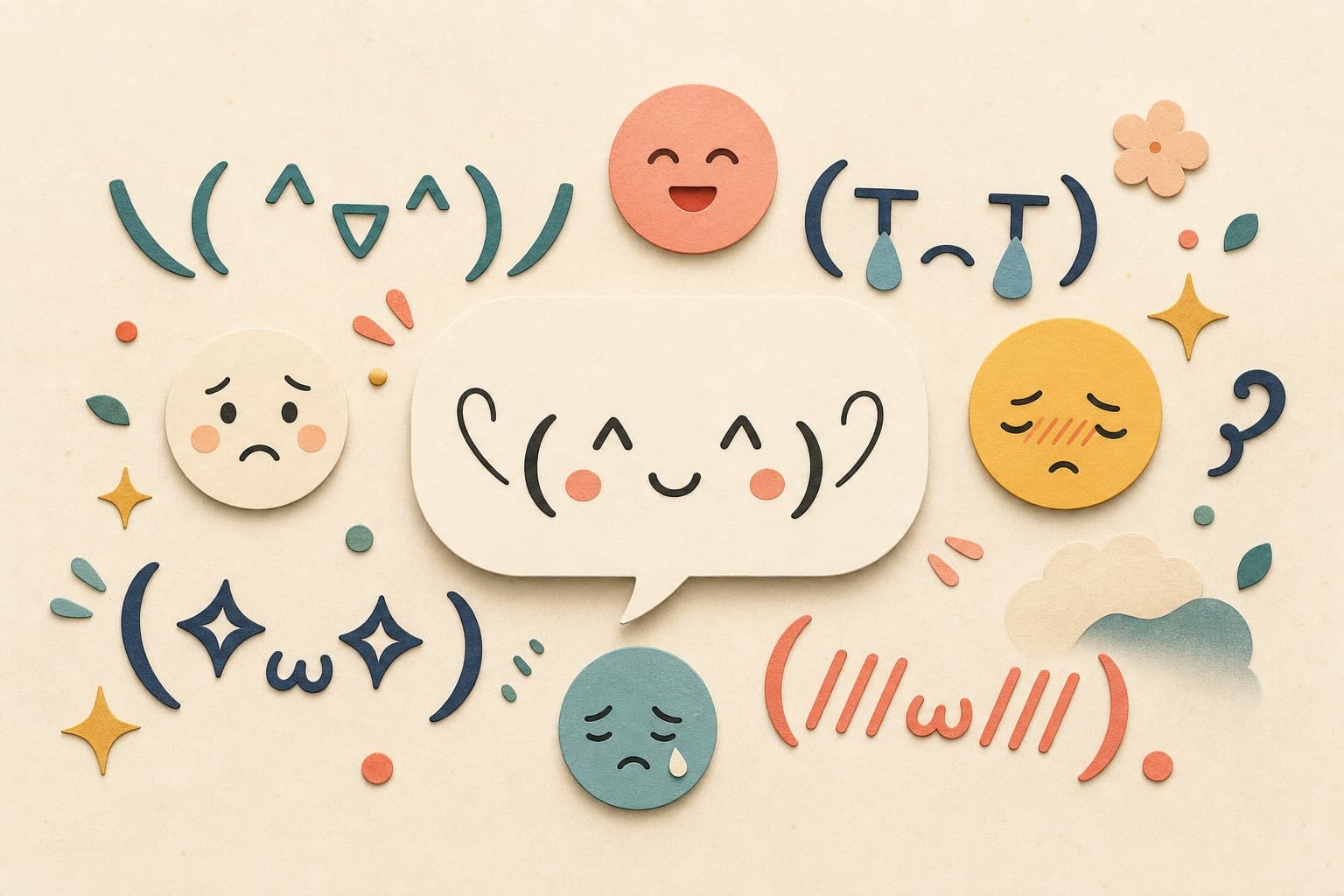 Paper-cut kaomoji and emoji showing cheerful, sad, surprised, and embarrassed reactions
