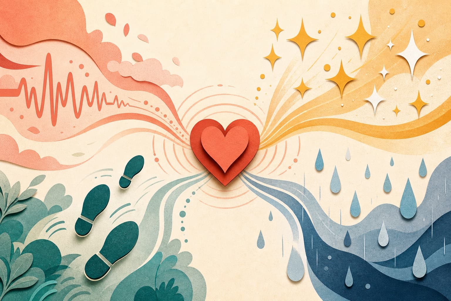 Sound waves linking a heartbeat, footsteps, sparkles, and rain