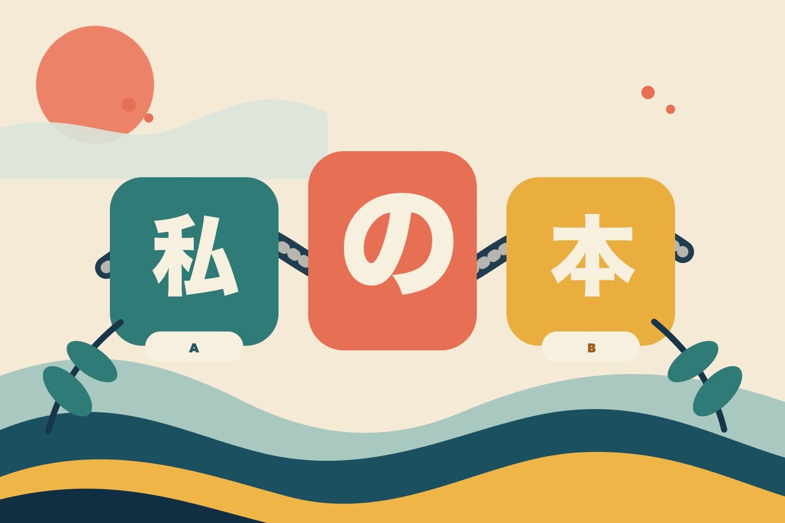 Paper-cut cards showing 私 の 本 connected as A の B