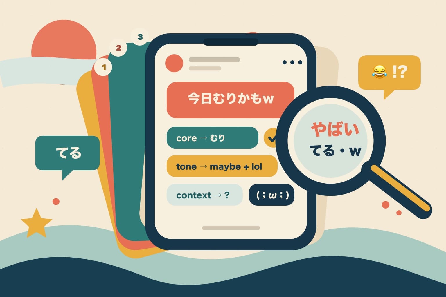 A paper-cut smartphone decoding casual Japanese through layered cards and a magnifying glass