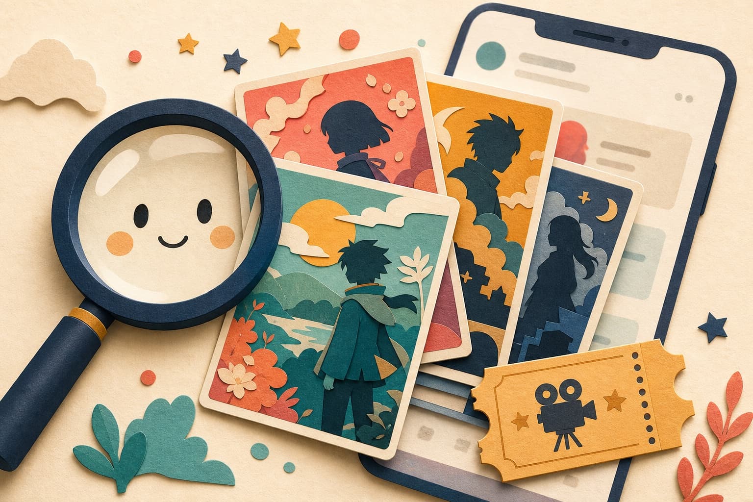 Paper-cut anime recommendation cards with a magnifying glass and cinema ticket
