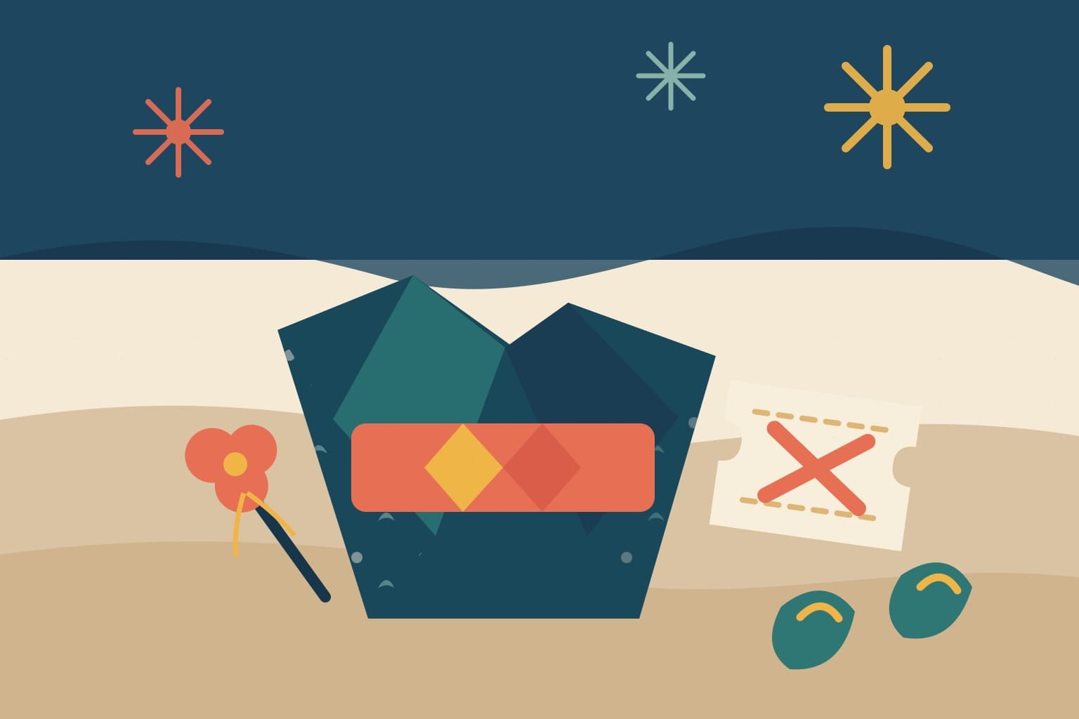 A folded yukata, hair ornaments and a small fireworks festival ticket on a wooden table at dusk