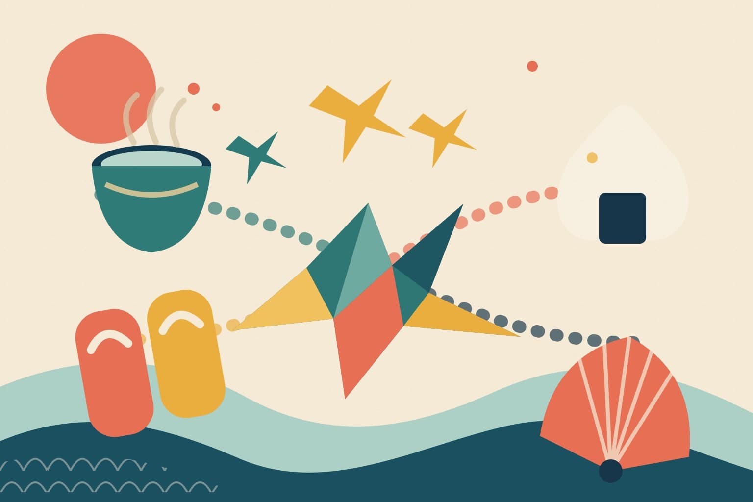 A paper-cut origami crane spreading toward a tea bowl, onigiri, geta sandals, and a folding fan