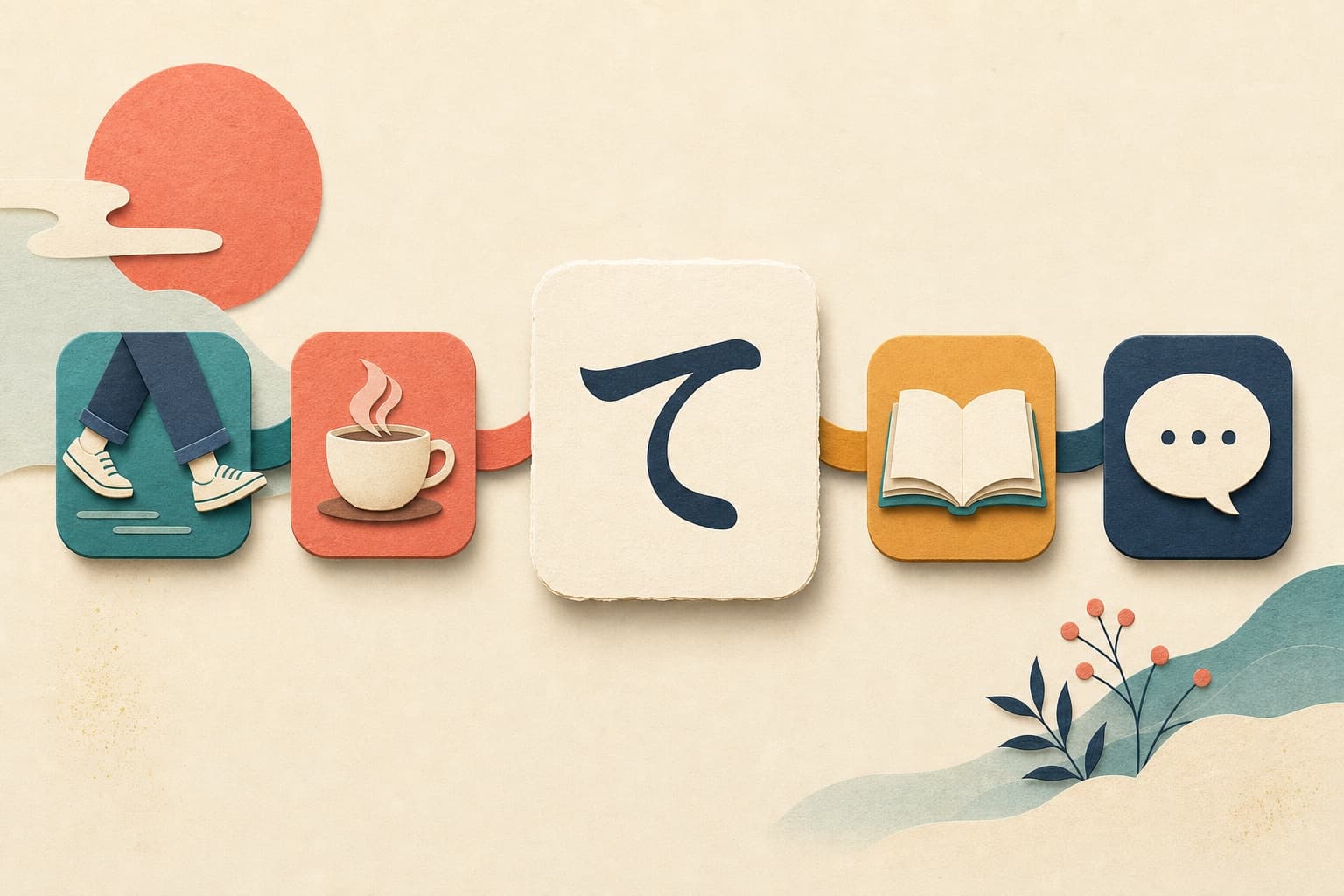 The hiragana te connecting a sequence of everyday actions