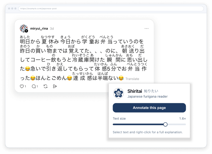 Shiritai extension popup with furigana controls and text-size slider